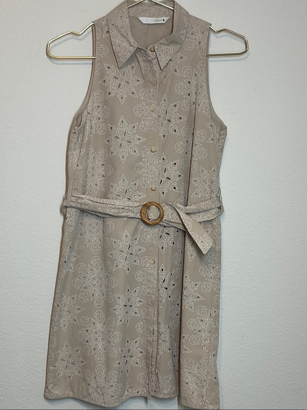 Zara Beige Cutwork Embroidered Shirt Dress with Belt XS